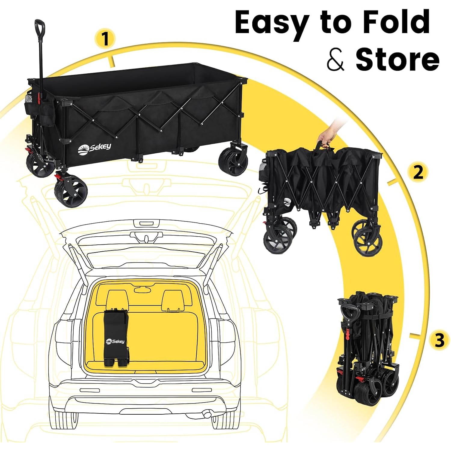 Sekey 48''L Collapsible Foldable Extended Wagon With 660Lbs Weight Capacity, Heavy Duty 300L Folding Utility Garden Cart With Big All-Terrain Beach Wheels & Drink Holders. Black