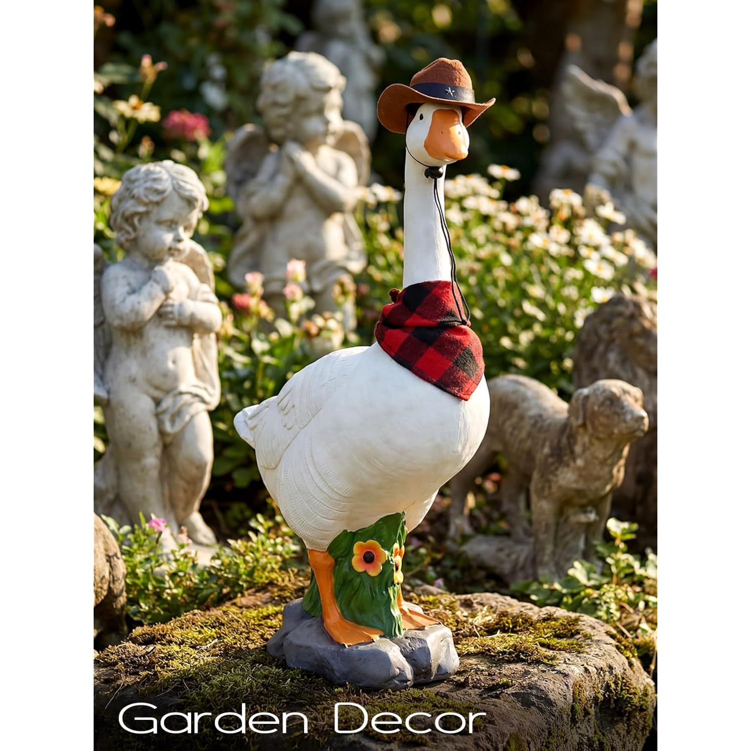 Larpgears Premium Adjustable Large Porch Goose Statue – 23” Realistic Hollow Plastic Garden Goose With Removable Cowboy Hat & Bandana, Stone Base With Sand-Fillable Design For Outdoor Stability