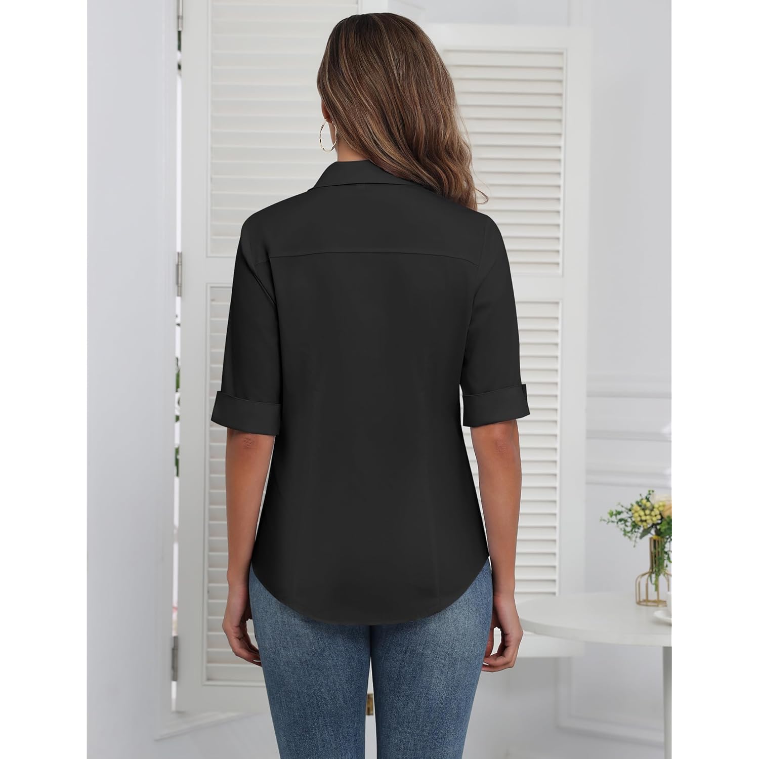 Womens Button Down Shirts 3/4 Sleeve Dress Blouses Business Casual Collared Oxford Tops