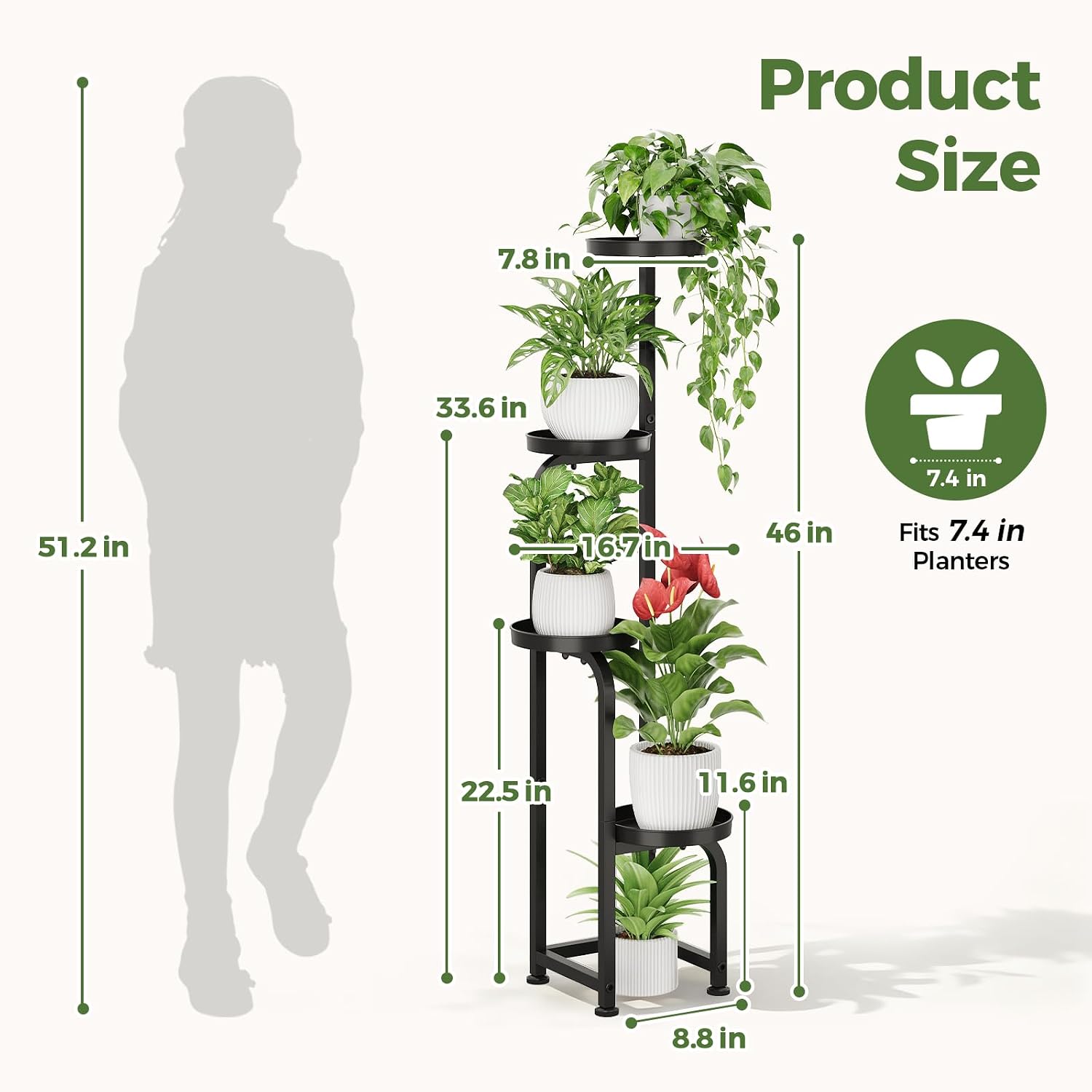 Bamworld Tall Plant Stand Indoor Outdoor, Corner Metal Flower Pot Stands For Multiple Plants, 4 Tier Heavy Duty Plant Shelf For Patio Garden Balcony Living Room Bedroom(Patent Design)