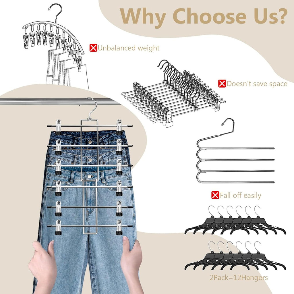 Pants Hangers With Clips,Space Saving Hanging Closet Organizer-6 Tiers Skirt Hangers With 360° Swivel Hook,Closet Organizer-Clothes Hangers- College Dorm Essentials Apartment Essentials-2 Pack