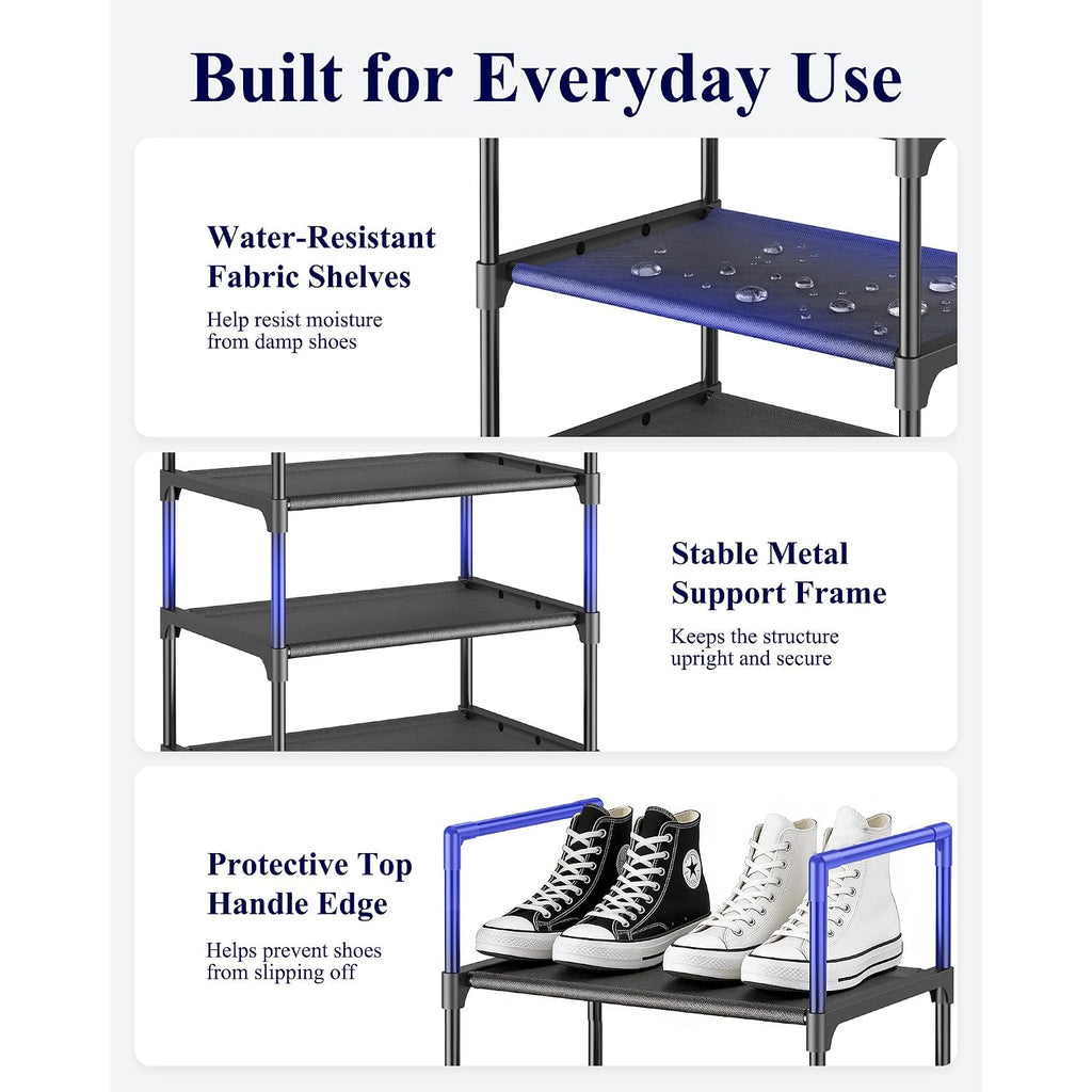 Kitsure Shoe Rack - 10-Tier Shoe Organizer With Detachable Fabric Shelves & Metal Frame, Tall Shoe Rack For Closet, Entryway, Living Room, 16.9" Wide - 10 Tier, Black