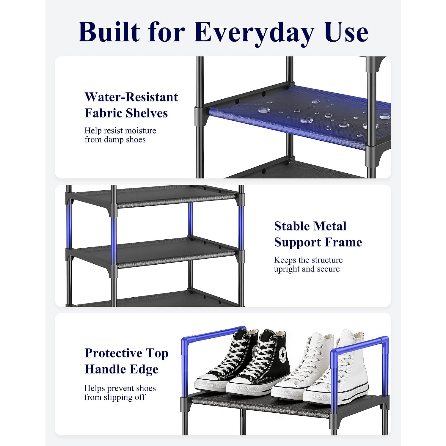 Kitsure Shoe Rack - 10-Tier Shoe Organizer With Detachable Fabric Shelves & Metal Frame, Tall Shoe Rack For Closet, Entryway, Living Room, 16.9" Wide - 10 Tier, Black