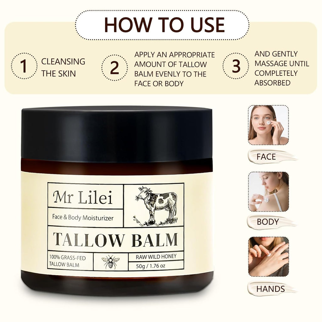 Beef Tallow For Skin - 100% Organic Grass-Fed Beef Tallow Balm With Raw Honey, Natural Whipped Face Moisturizer & Body Butter For Dry & Sensitive Skin, Non-Greasy (Unscented, 50G/1.76Oz)