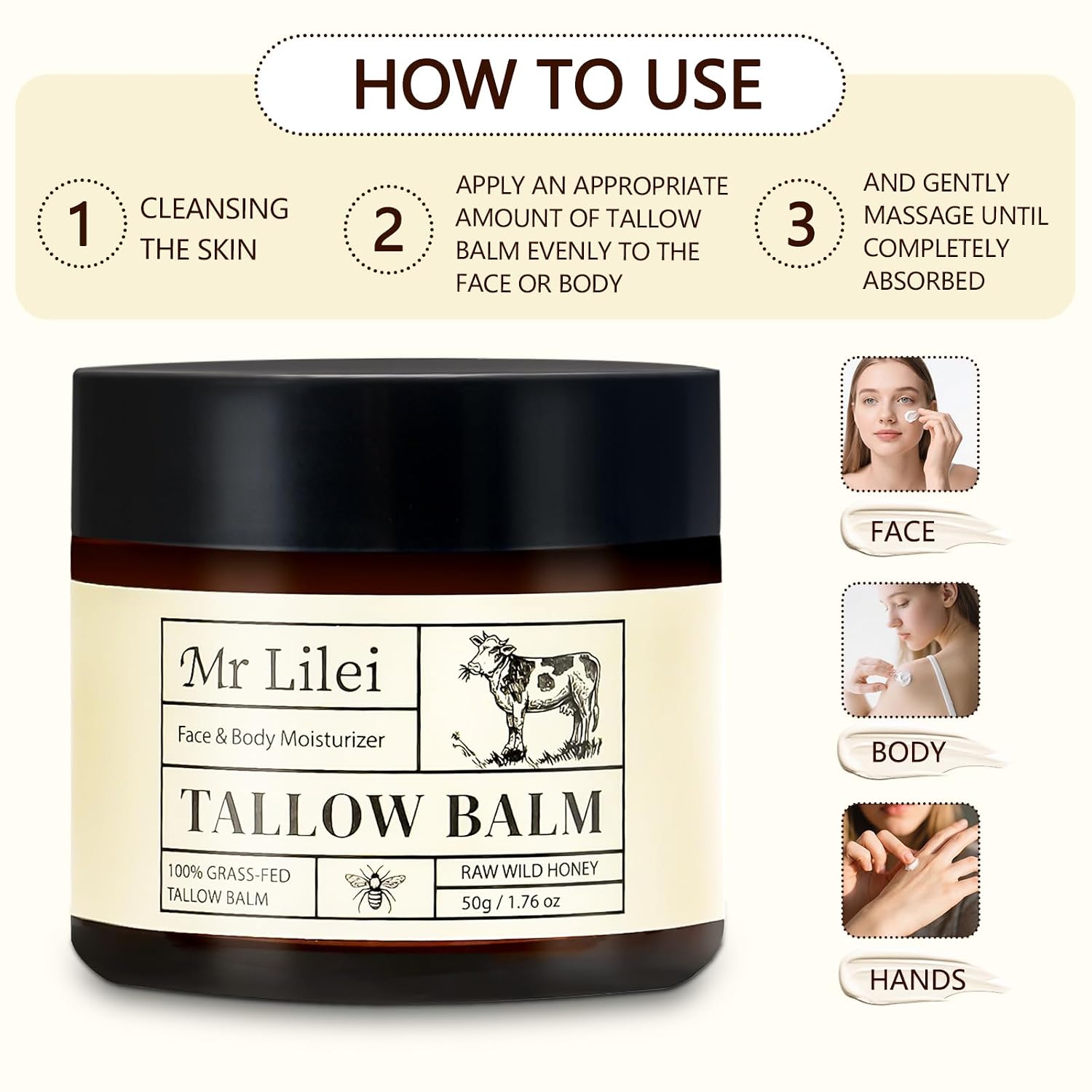 Beef Tallow For Skin - 100% Organic Grass-Fed Beef Tallow Balm With Raw Honey, Natural Whipped Face Moisturizer & Body Butter For Dry & Sensitive Skin, Non-Greasy (Unscented, 50G/1.76Oz)