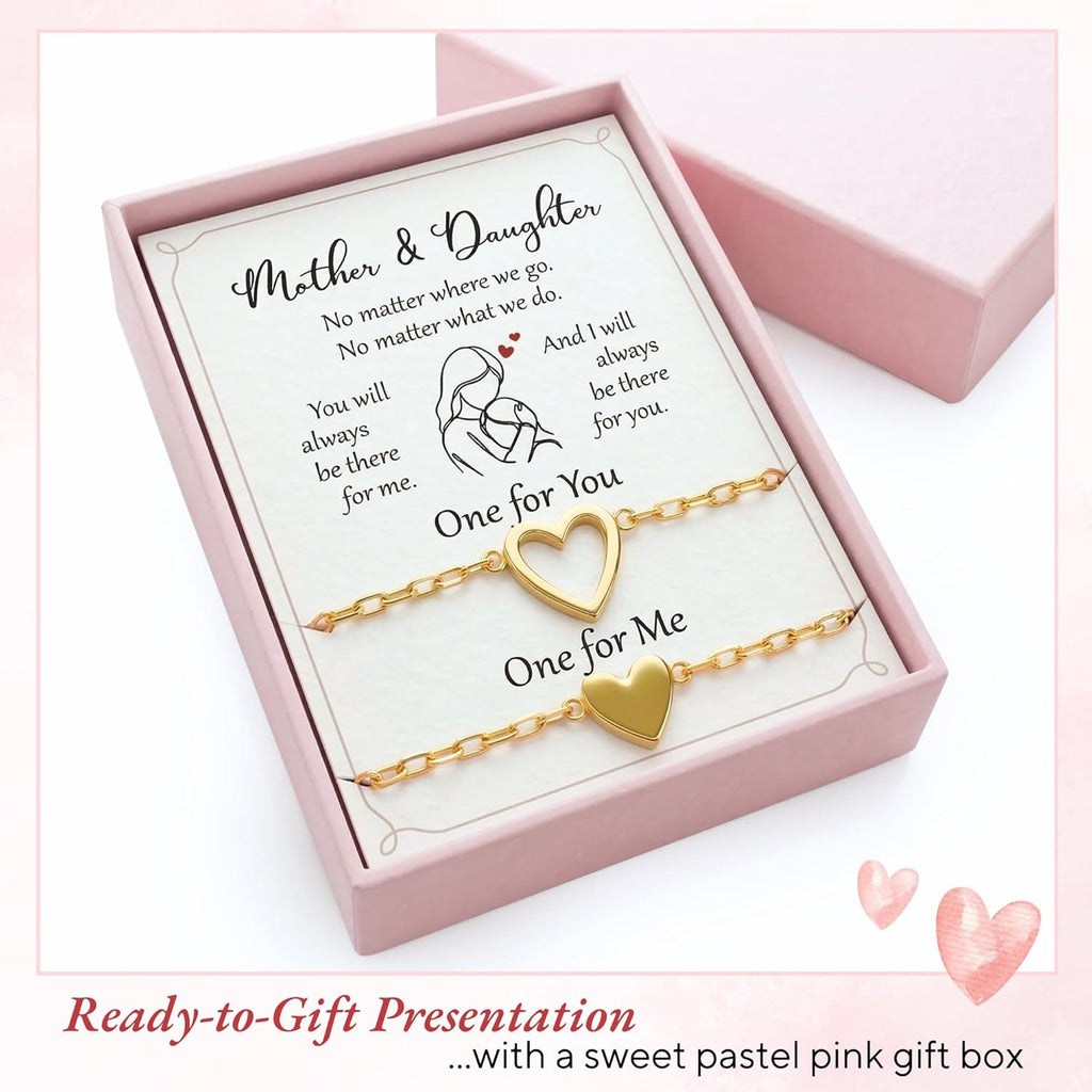 SUCHAGIFT Mother Daughter Bracelets Set for 2 - Mothers Day, Birthday Gifts for Mom from Daughter - Bracelet for Mom - 14K Gold Plated Stainless Steel Matching Heart Bracelets
