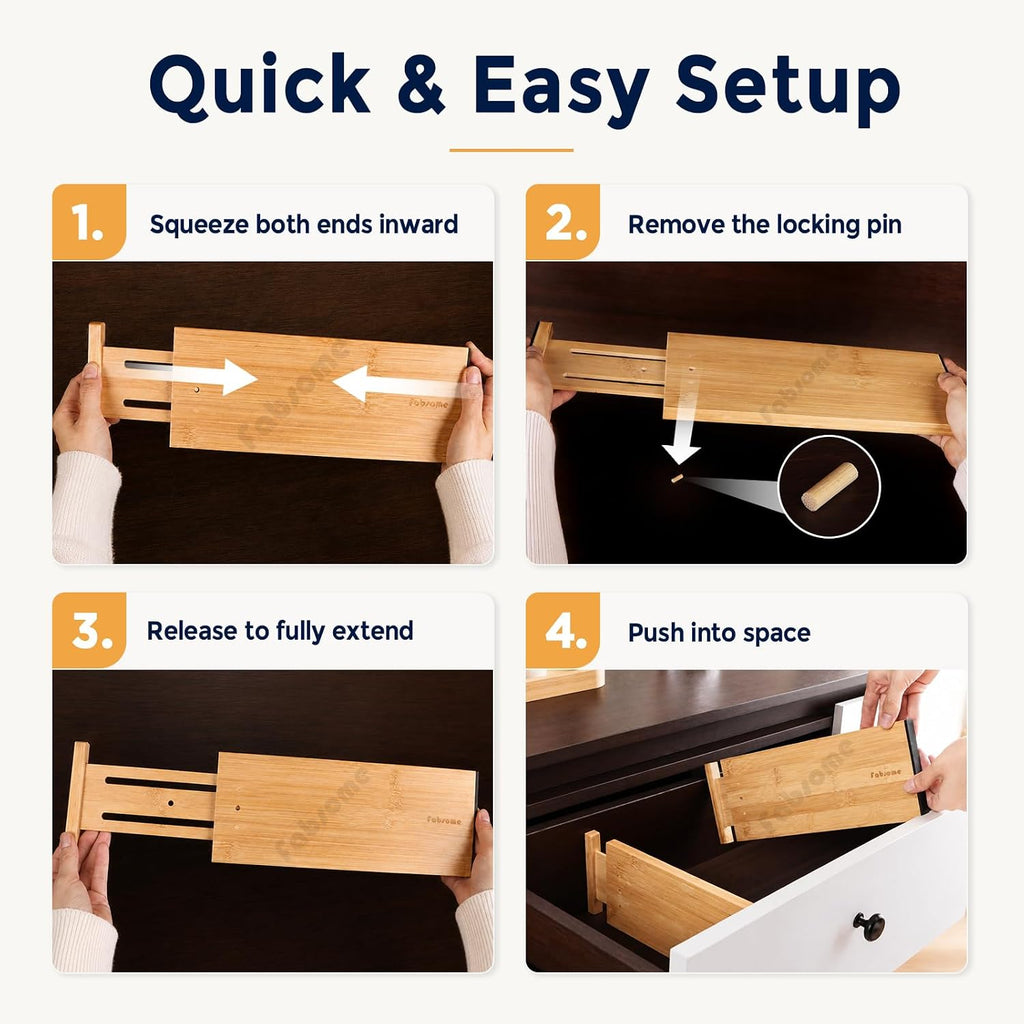 Fabsome Dresser Drawer Organizers 6 Pack, 4.65'' High Adjustable From 12.5-17‘’ Bamboo Drawer Dividers For Clothing Baby Clothes, Wooden Separators For Dresser Nursery Organization With Soft Foam Ends