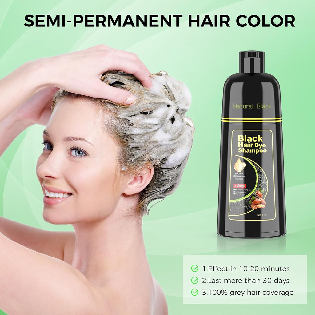 Black Hair Dye Shampoo for Woman & Man, Argan Hair Color Shampoo 3 in 1, Semi-Permanent Gray Hair Coverage, Mild Formula, Lasts 30 Days(16.90 oz)