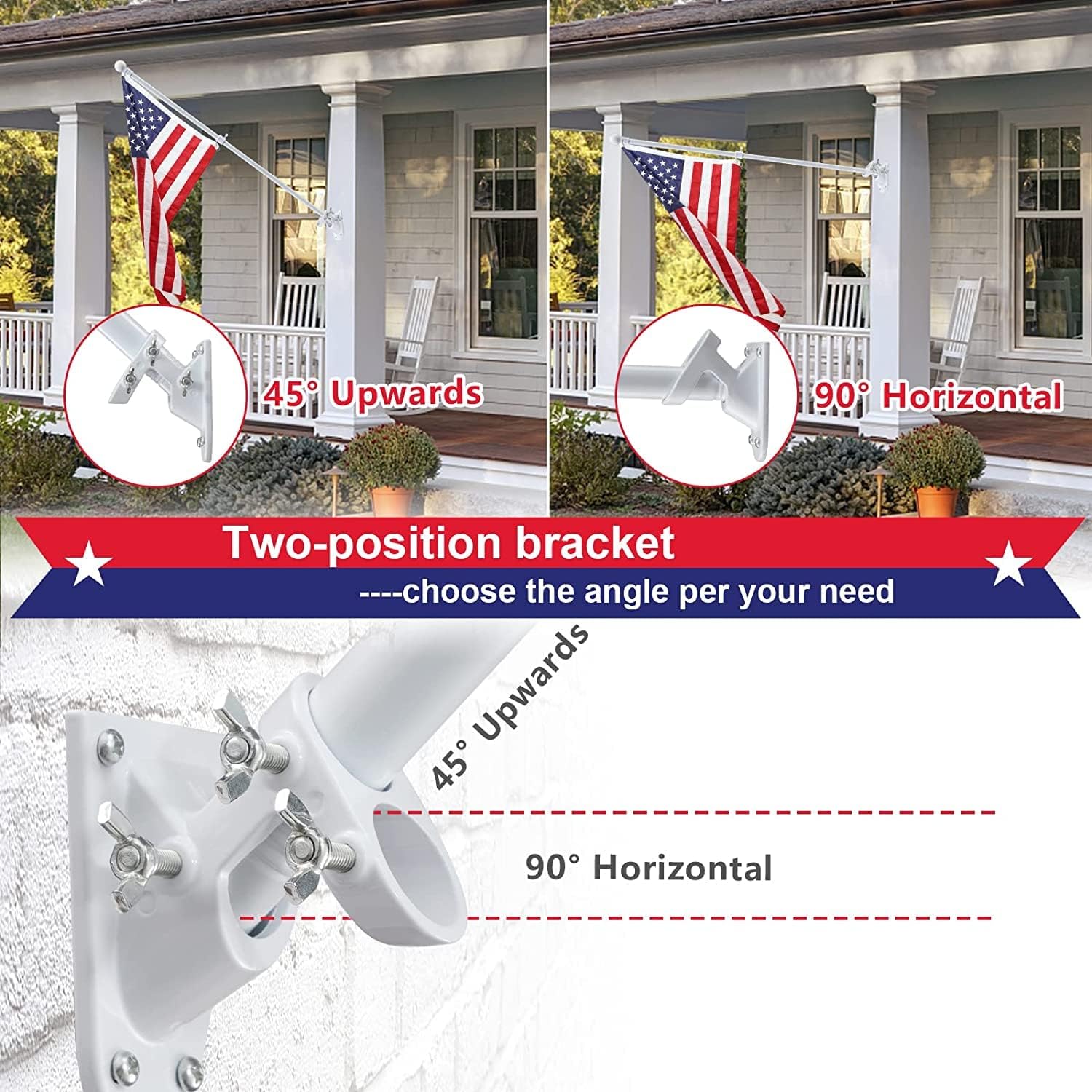 Flag Pole For Outside House - 5Ft Heavy Duty Metal Flagpole Kit,Tangle Free, 2 Angle Mount For Grommet Flags,Banner,Garden Flag, For Outdoor Porch,Yard,Garage,Patio Balcony Use