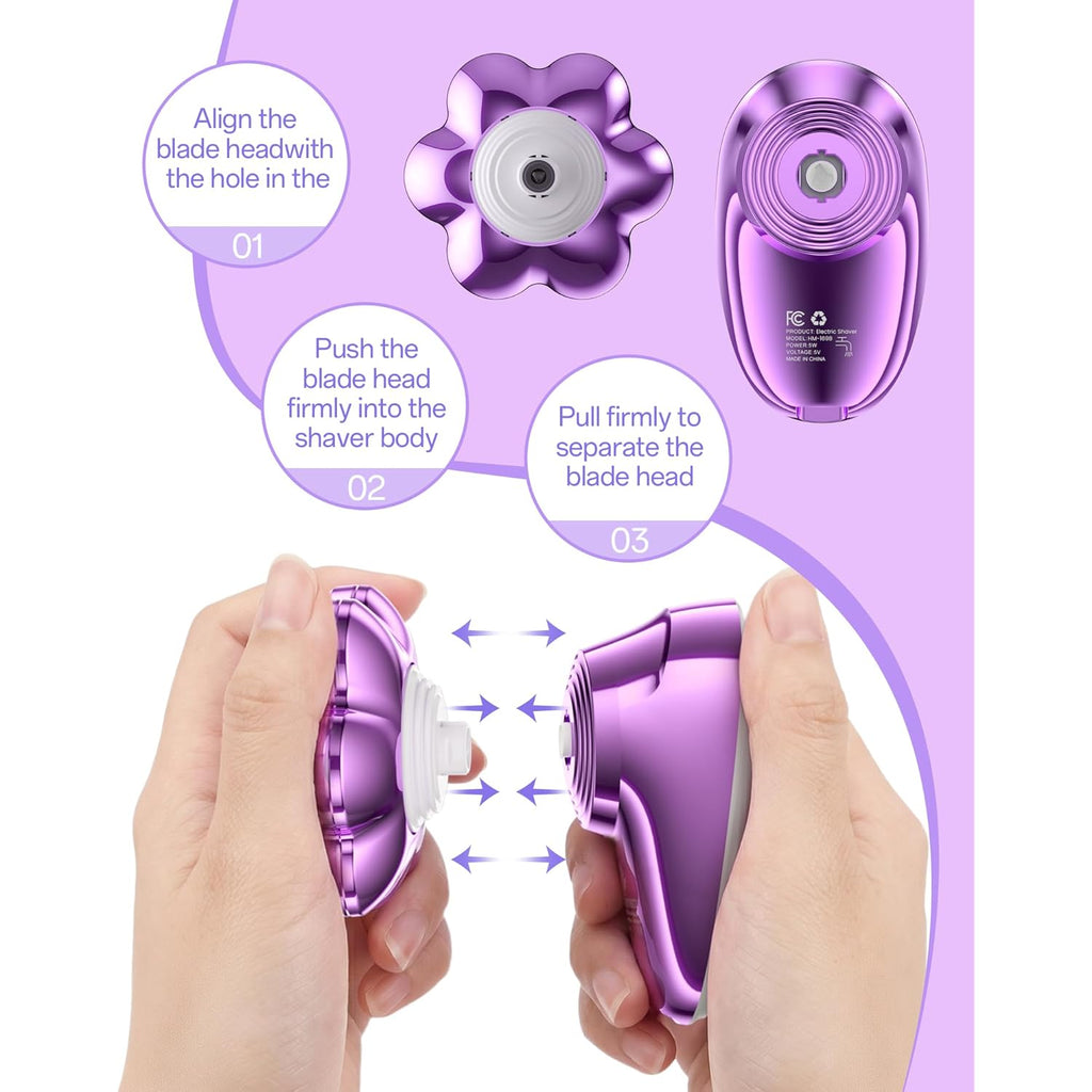5-in-1 Electric Razors for Women, 7D Magnetic Heads Full Body Shaver, Waterproof Wet Dry Hair Remover with LED Display, Rechargeable Bikini Trimmer for Underarms, Face, Legs, Lips, Arms (Purple)