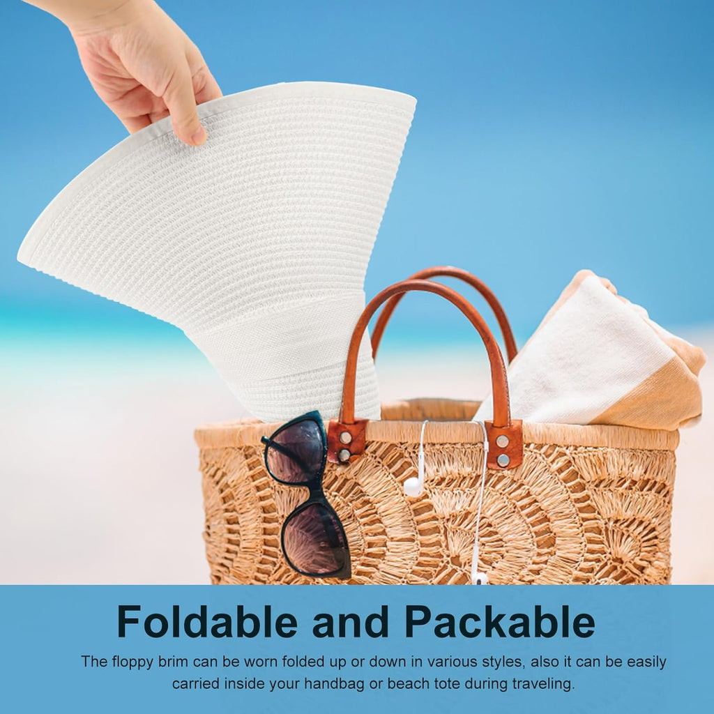 Sun Hats for Women Straw Wide Brim Summer Beach Hat with Big Bow Floppy Foldable Roll up Cap for Outdoor UPF 50+ Big Bow : White
