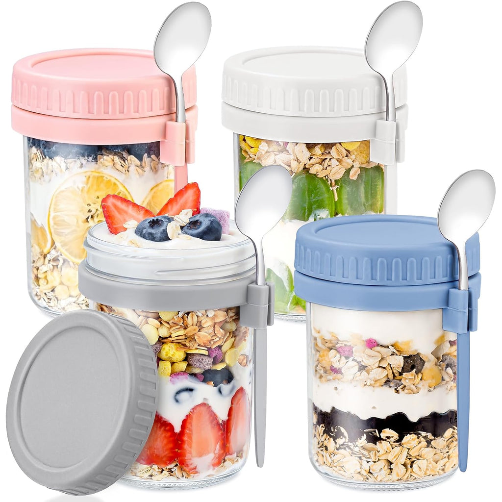 4 Pack Overnight Oats Containers With Lids And Spoons - Drkio 16 Oz Glass Mason Jars For Overnight Oats Leak Proof Oatmeal Container Great For Cereal Fruit Vegetable Milk Salad Yogurt Meal Prep