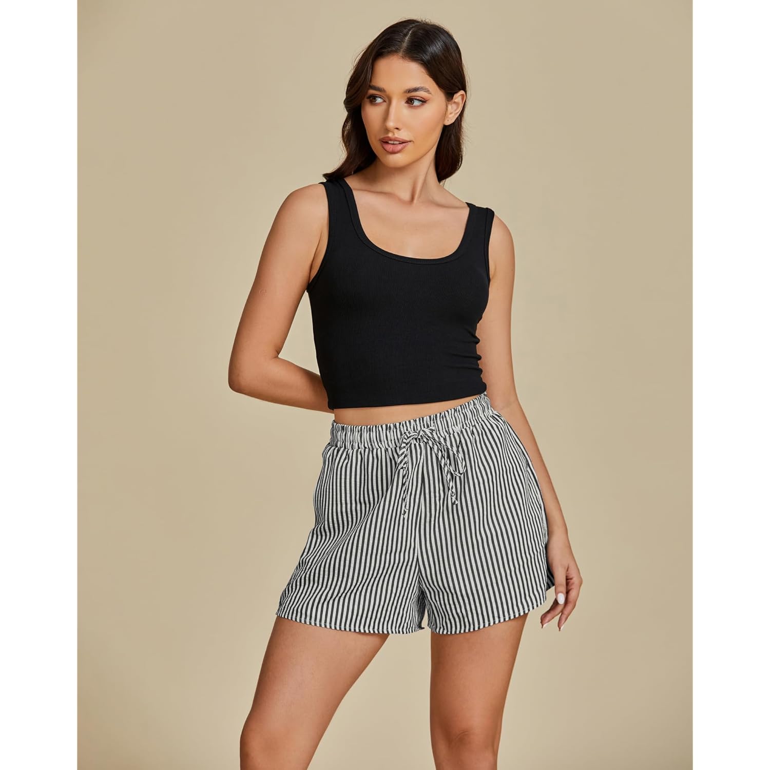 Striped Shorts for Women High Waisted Beach Casual Drawstring Pull On Elastic Waist Summer Shorts with Pockets