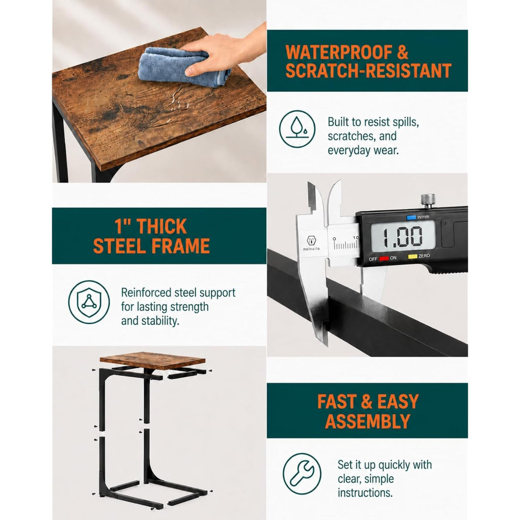 C-Shaped Side Table For Couch - Small Coffee Stand Sofa Tray Desk With Metal Frame And Waterproof Scratch Resistant, Modern End Accent For Living Room, Bedroom, Small Spaces, Rustic Brown