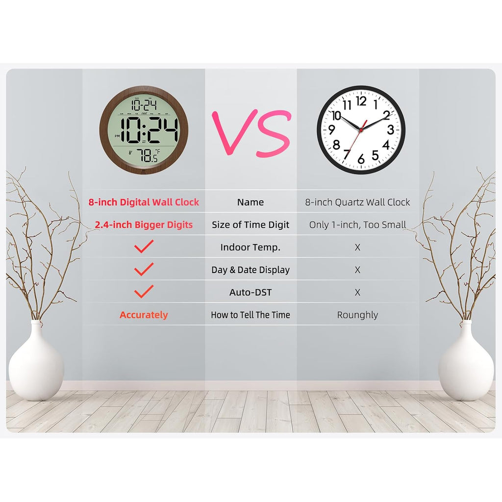 Digital Wall Clock Battery-Operated, 8 Inch Small Decorative Modern Wood Wall Clock With Date, Temperature, Auto-Dst, Silent Electric Wall Clock For Bedroom, Living Room, Kitchen, Office, Farmhouse