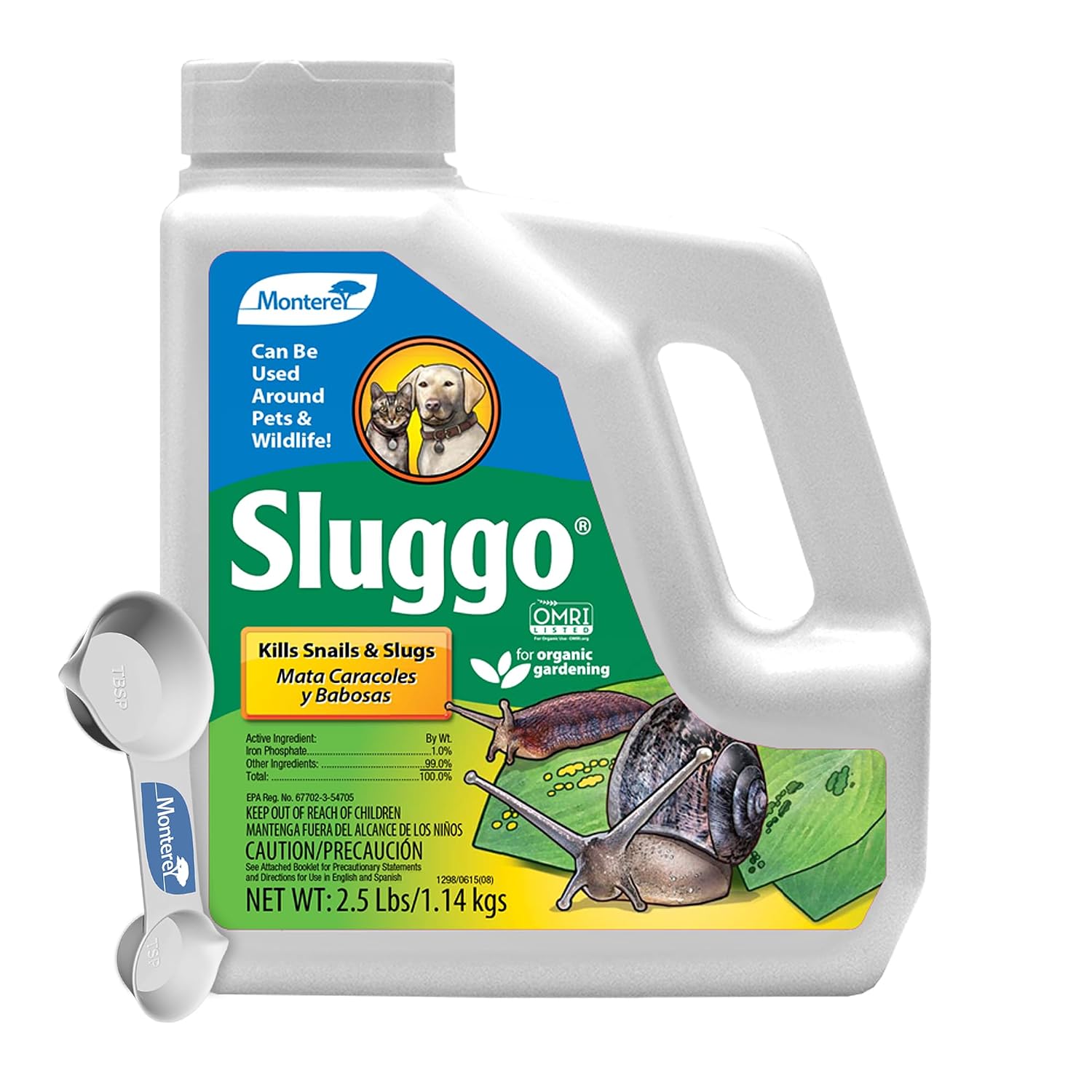 Monterey Sluggo Snail & Slug Killer Bundled With Measuring Spoon - Omri Listed For Organic Gardening - Wildlife And Pet Friendly - 2.5 Lb Jug