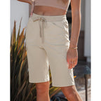 Bermuda Shorts for Women Knee Length Pull On Elasitc Waist High Rise Fold Hem Casual Summer Chino Cargo Shorts