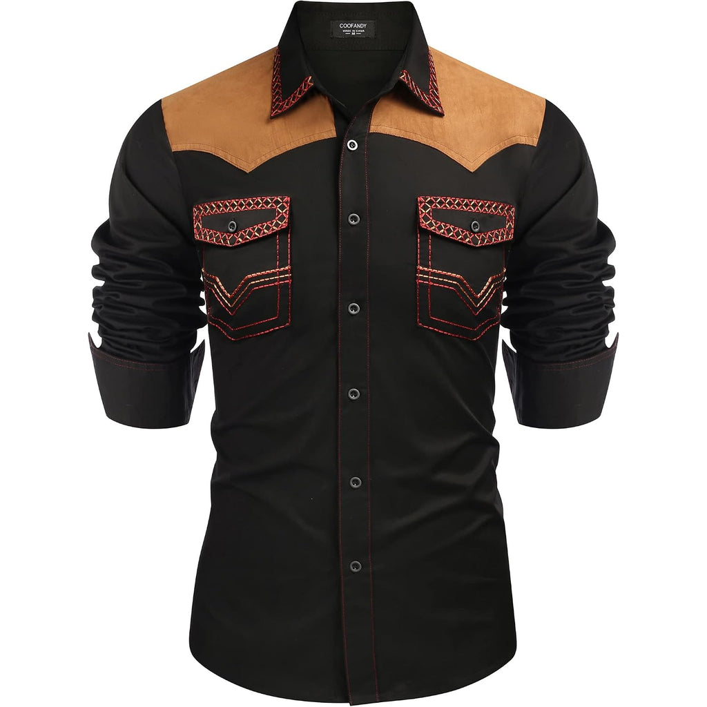Coofandy Men'S Western Cowboy Shirt Embroidered Long Sleeve Slim Fit Casual Cotton Button Down Hippie Shirts With Pockets