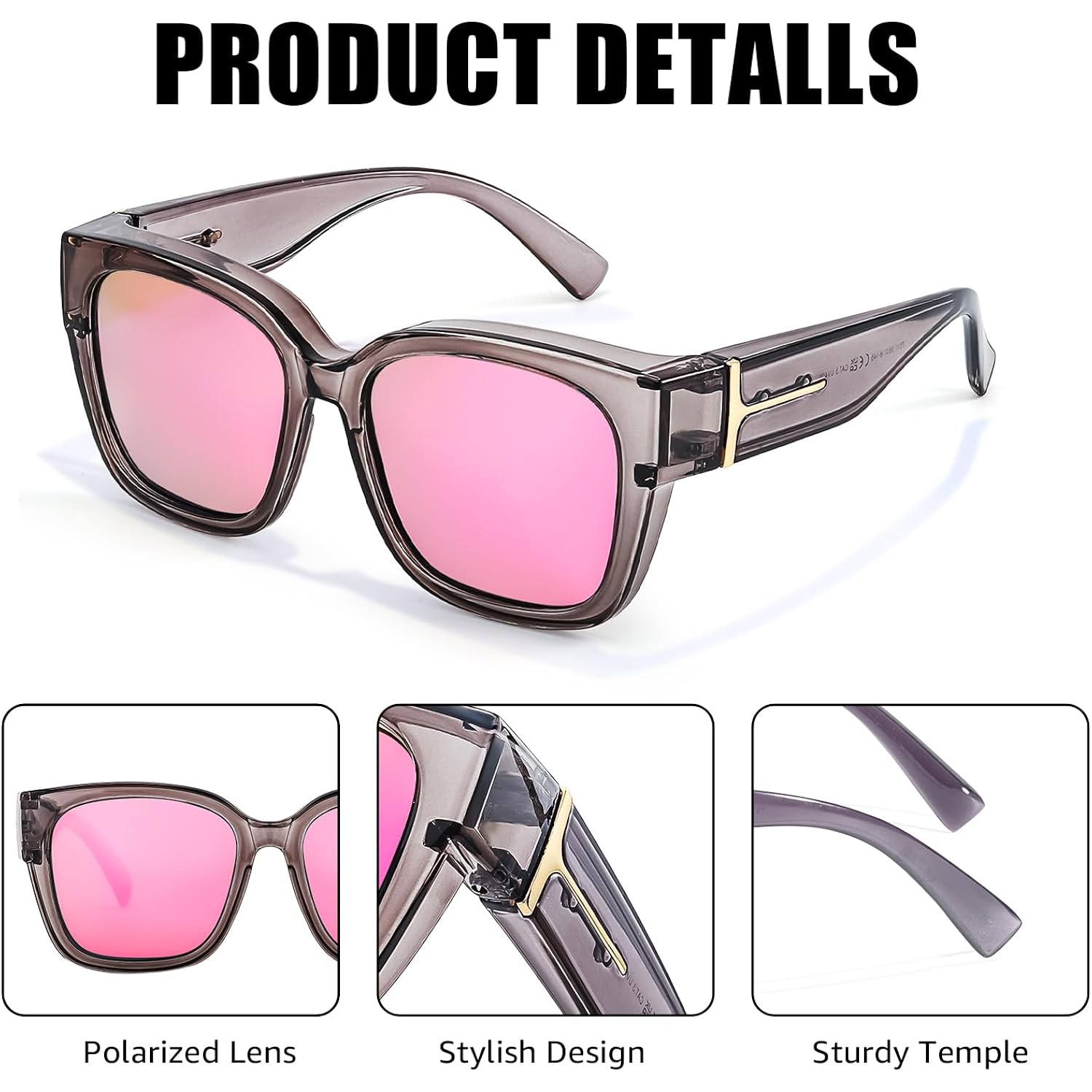 LVIOE Polarized Fit Over Sunglasses for Women Men Oversized Square Over Glasses Sunglasses with UV Protection A02 Grey Frame/Pink Lens