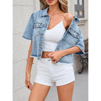 Short Sleeve Denim Jacket For Women Summer Frayed Hem Jean Cropped Jacket Casual Crop Cardigan