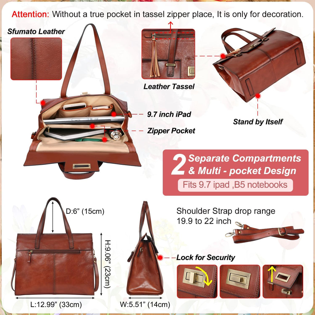 Italian Full Grain Leather Purses For Women With Stylish Fringe | Eco-Friendly Leather,Flap Turn Lock Design,Leather Tassel,Fits 9.7 Inch Ipad,Detachable Shoulder Strap