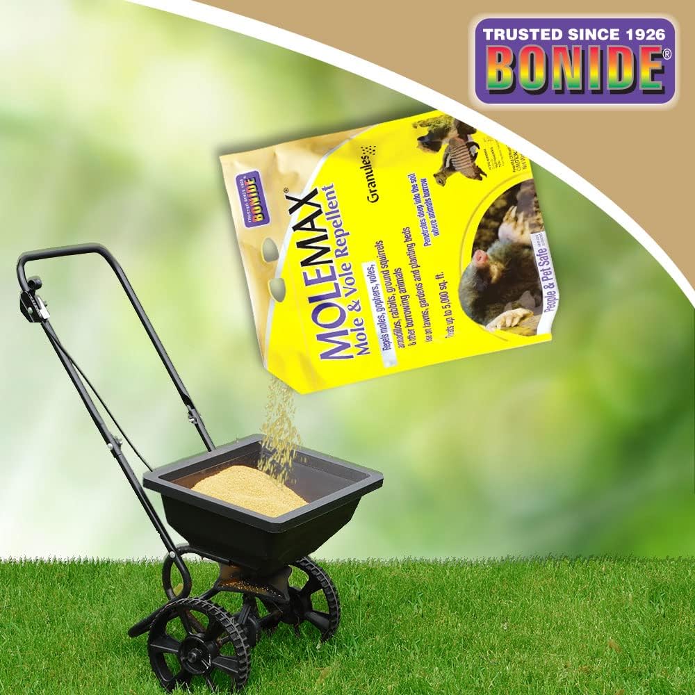 Bonide Molemax Mole & Vole Repellent Granules, 10 Lbs. Ready-To-Use, Outdoor Lawn & Garden Mole Control, People & Pet Safe | Ready-To-Use, Outdoor Lawn & Garden Mole Control, People & Pet Safe