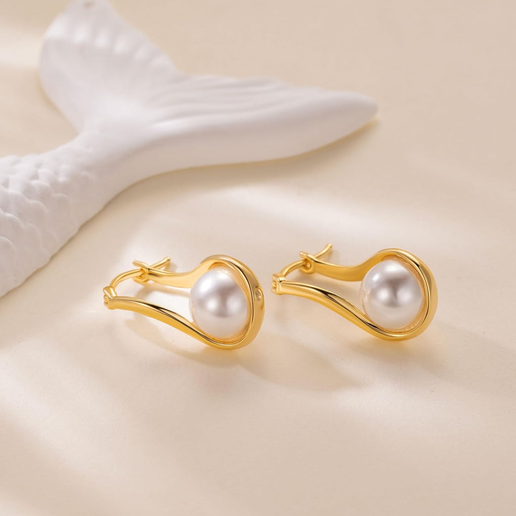 14K Gold Earrings for Women Gold Hoop Earrings Pearl Earrings for Women Hoop Solitaire Teardrop-Shaped with Twisted Lines Eye-catching Pearl Drop Dangle Hoops Earring for Womens 24mm