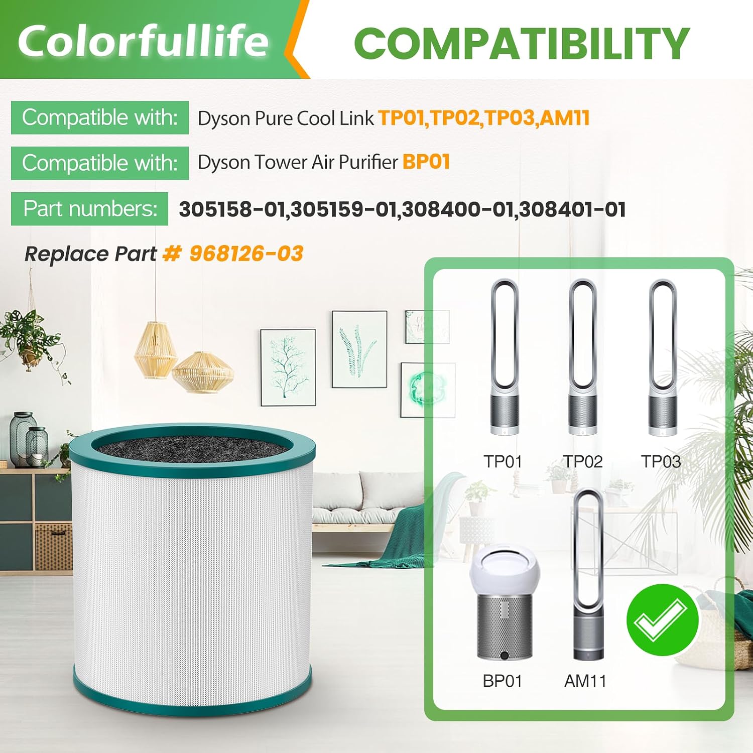 Colorfullife Replacement Air Purifier Filter For Dyson Tower Purifier Pure Cool Link Tp01, Tp02, Tp03, Bp01, Compare To Part 968126-03，2 Pack