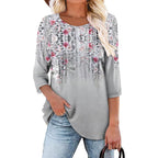 KISSMODA Women's Round Neck Pleated 3/4 Sleeve Tunic Top