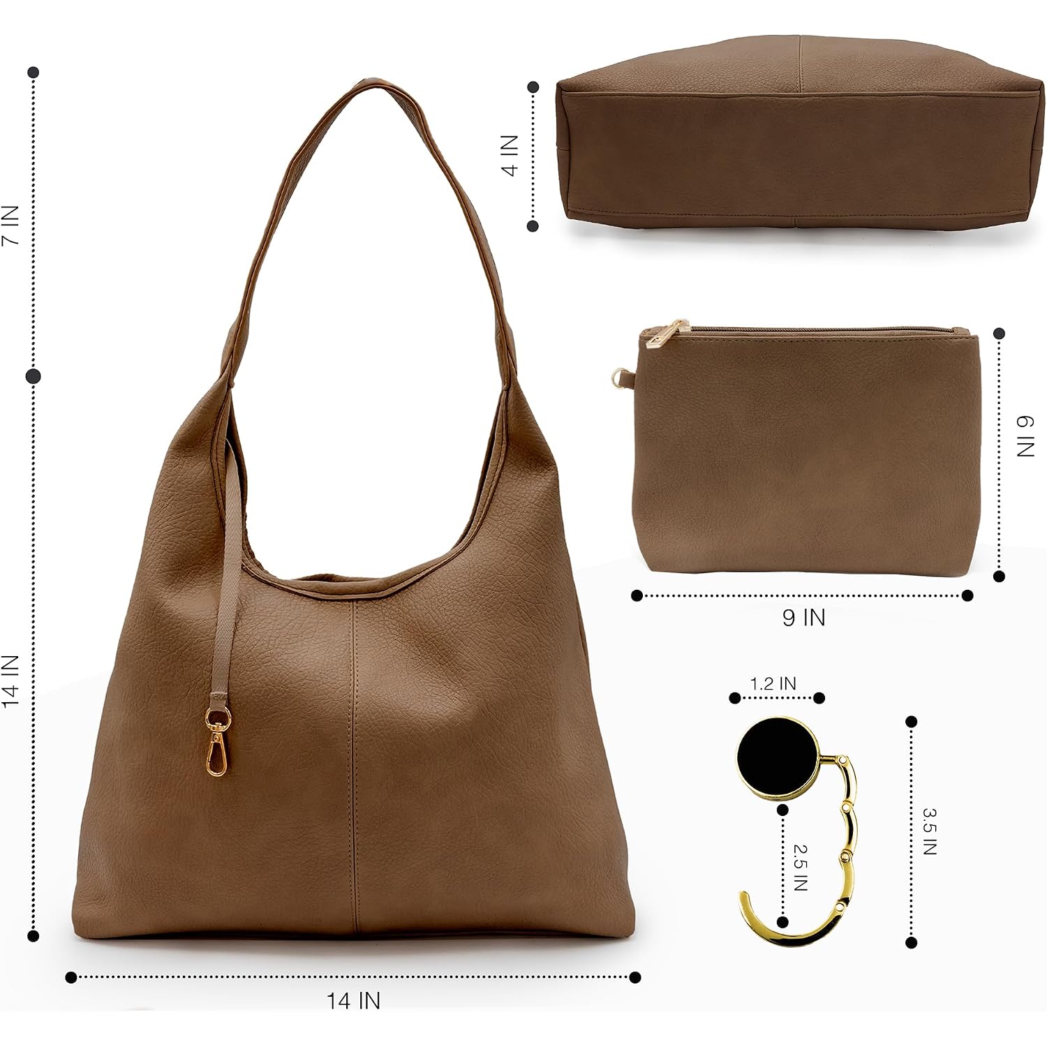 Cee & Dee Vegan Leather Hobo Bags For Women, Zippered Pocket, Slouchy Bag With Shoulder Strap, Hobo Purse Table Holder