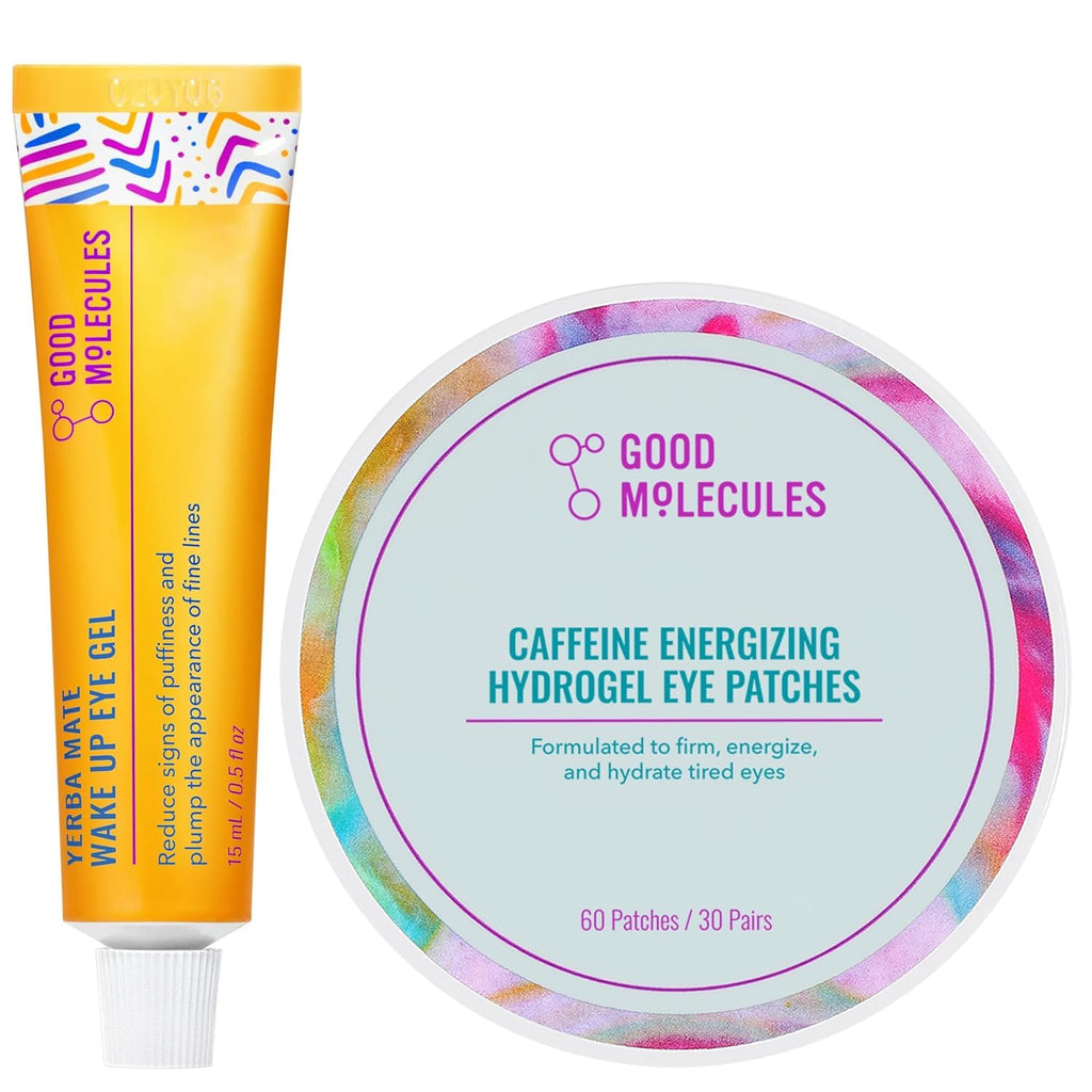 Good Molecules Under Eye Cream And Eye Patches For Dark Circles, Puffiness And Tired Eyes - Yerba Mate Eye Gel (15Ml) And Caffeine Hydrogel Eye Patches (60 Patches / 30 Pairs) - Morning Eye Care Set