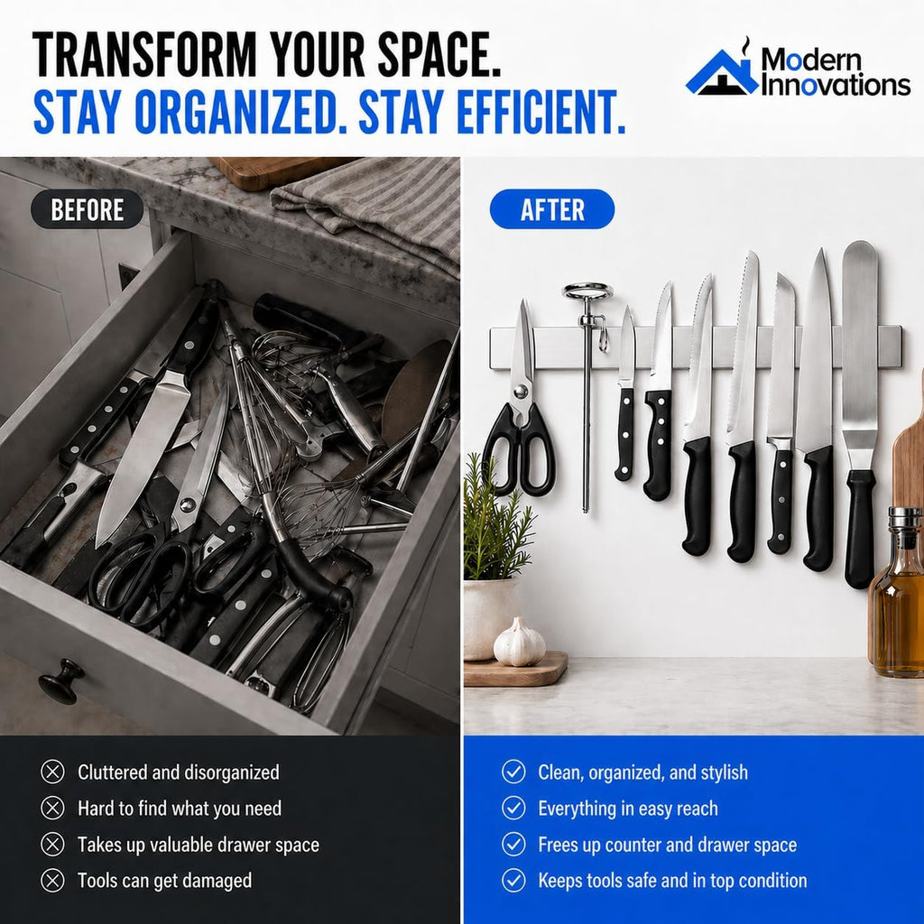 Modern Innovations 16 Inch Stainless Steel Magnetic Knife Bar with Multi-Purpose Functionality as a Knife Holder, Knife Strip, Magnetic Tool Organizer, Art Supply Organizer & Home Organizer