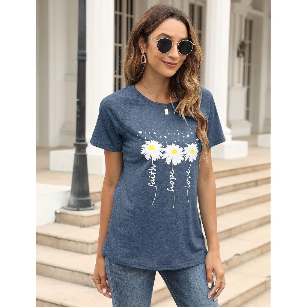 EADINVE Women Crewneck Daisy Print Short Sleeve T-Shirts Summer Faith-Hope-Love Tees Loose Fit Graphic Tops 2026 Navy