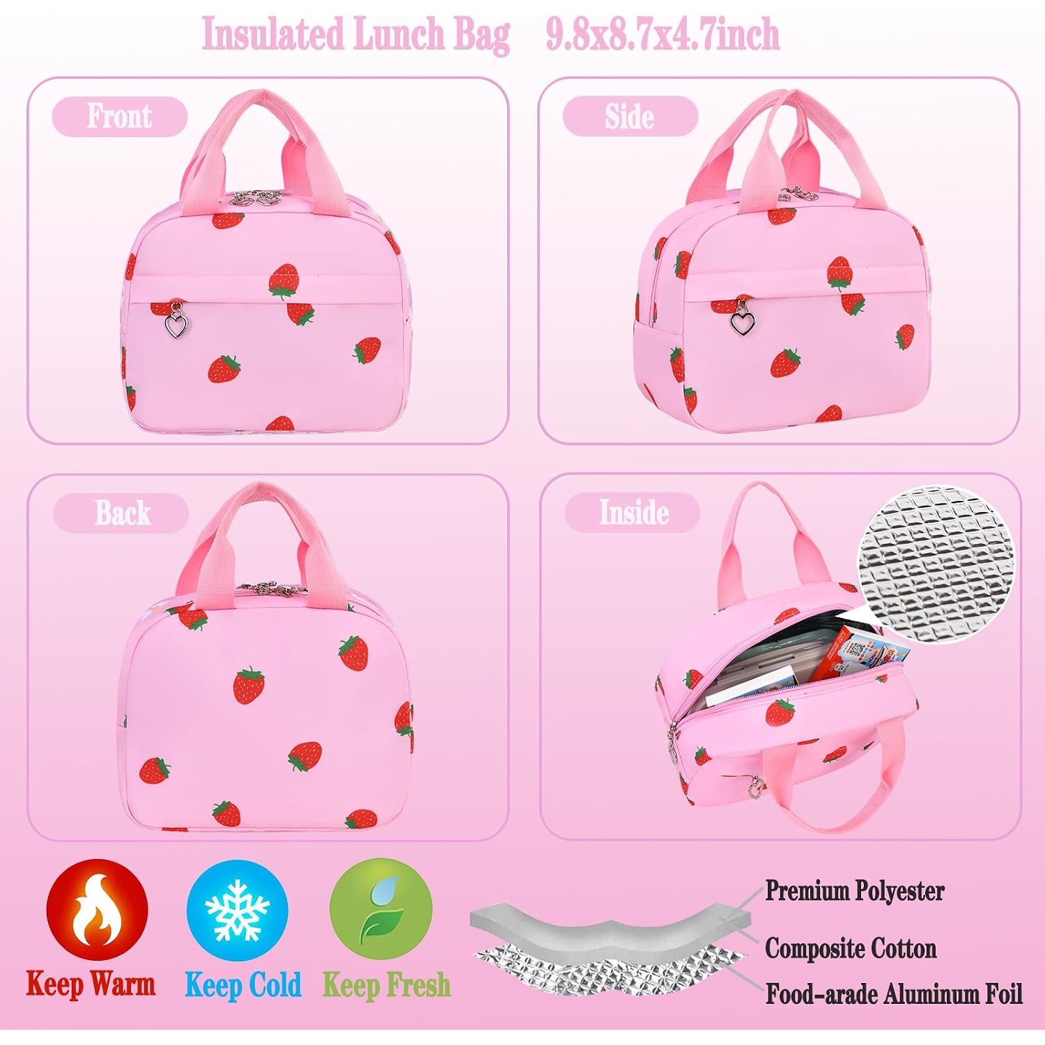 Girls Backpack Set With Lunch Box & Pencil Case, Floral Print Girls School Backpack For Elementary/Middle/High School (Pink-Strawberry)