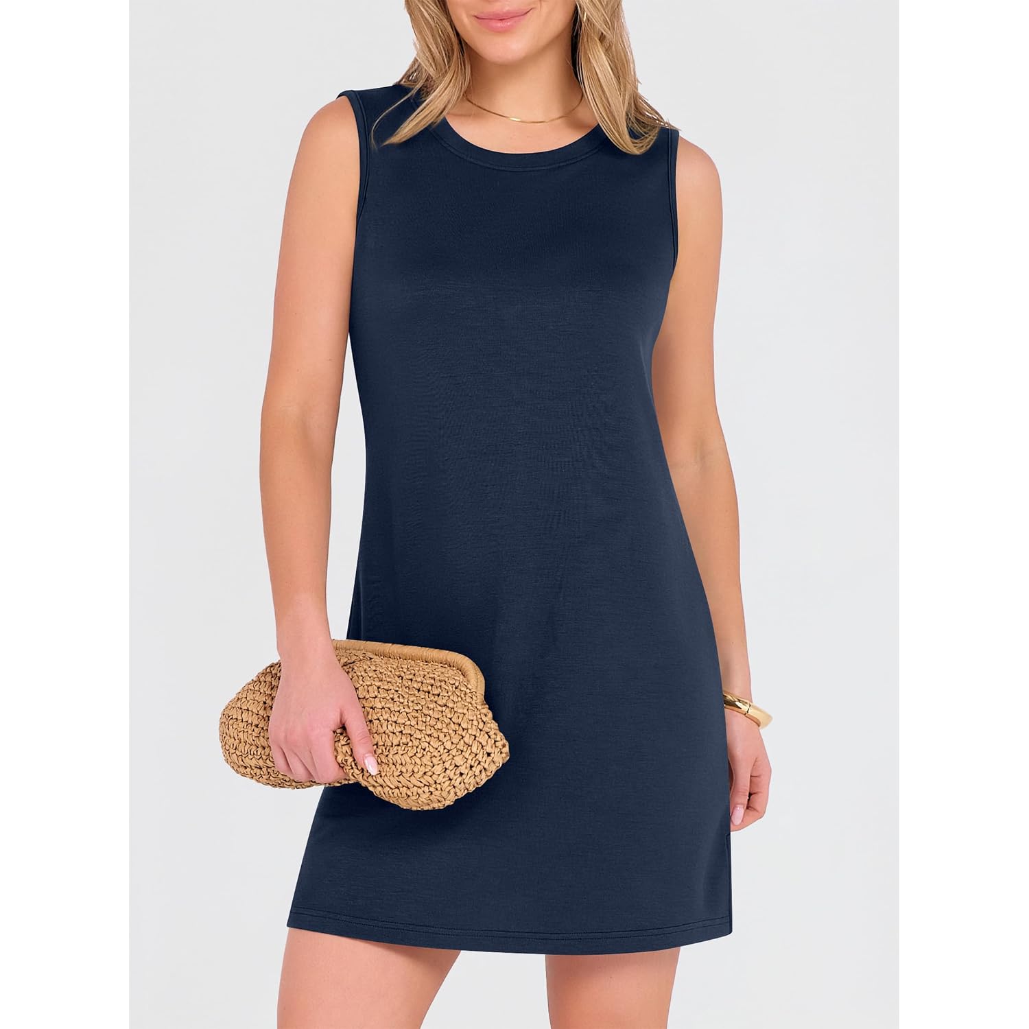 Anrabess Womens Summer Casual Mini Dresses 2026 Sleeveless Crewneck Split Wrinkle-Free Beach Travel Vacation Short Sundress