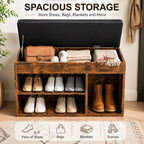 Hoobro Shoe Storage Bench With Cushion, 32.3'' Entryway Bench With Lift Top Hidden Storage And Adjustable Shelves, Wooden Shoe Rack Bench For Entryway Bedroom, Rustic Brown And Black Bf40Hx01