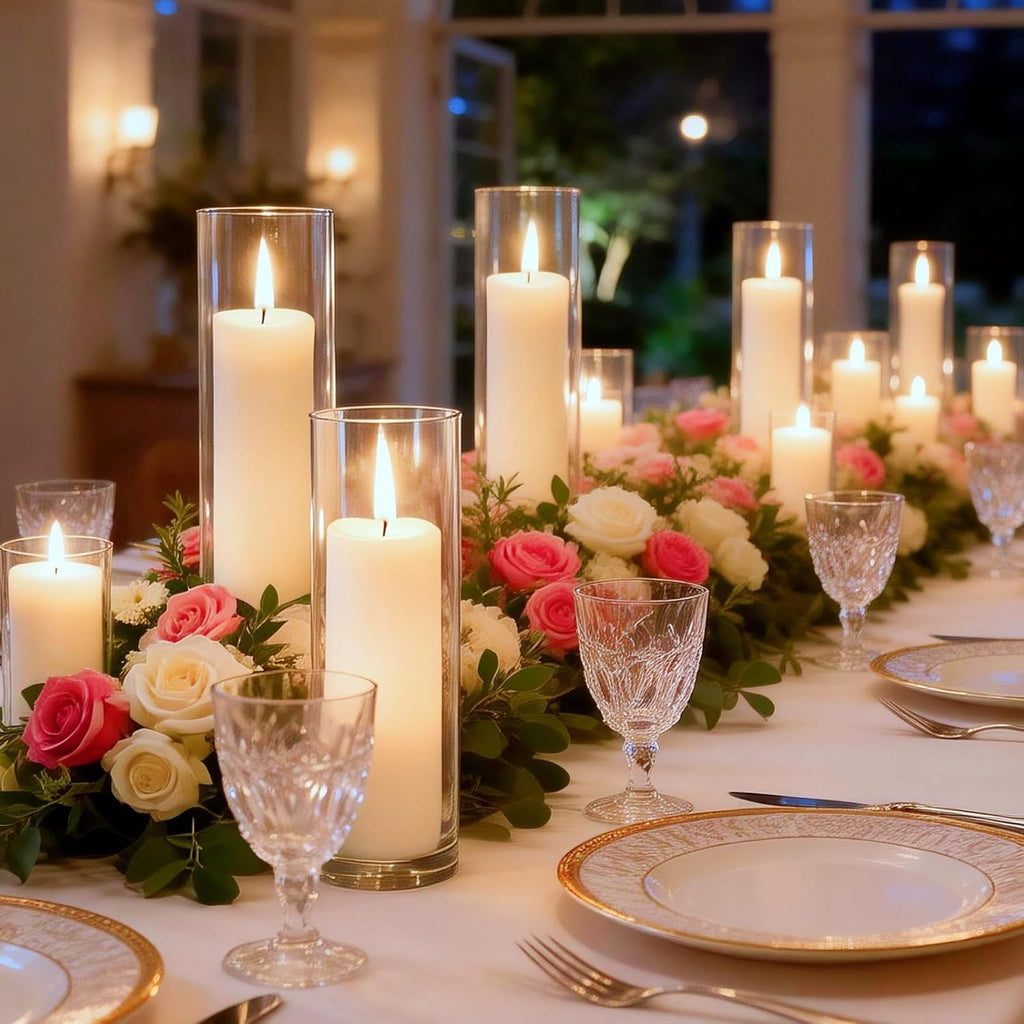 24 Pcs White Pillar Candles and Glass Candle Holders Cylinder Candle Vases for Pillar Candles Hurricane Candle Holders Set for Wedding Party, Event, Home Office Decor