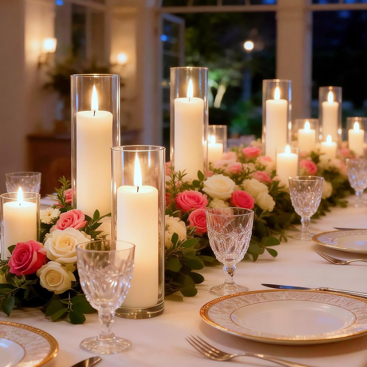 24 Pcs White Pillar Candles and Glass Candle Holders Cylinder Candle Vases for Pillar Candles Hurricane Candle Holders Set for Wedding Party, Event, Home Office Decor