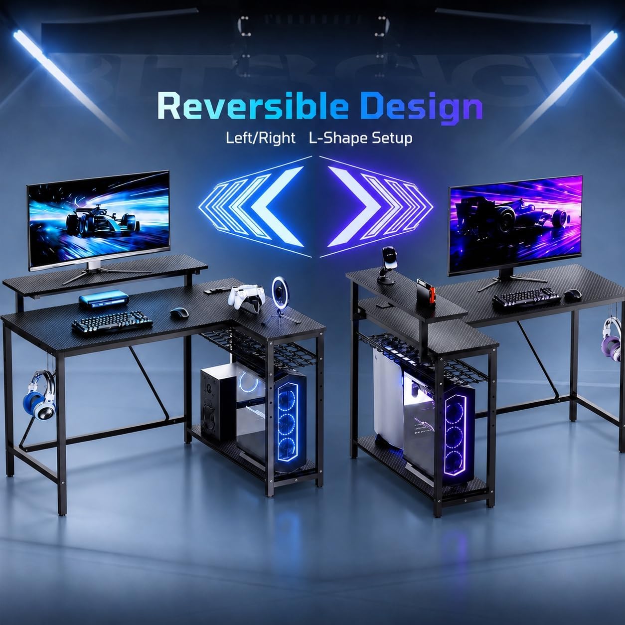 Bestier Gaming Desk With Power Outlets, 42" L-Shaped Computer Desk With Led Lights, Desk With Reversible Storage Shelves & Hooks For Small Spaces, Bedrooms & Offices, Black Carbon Fiber