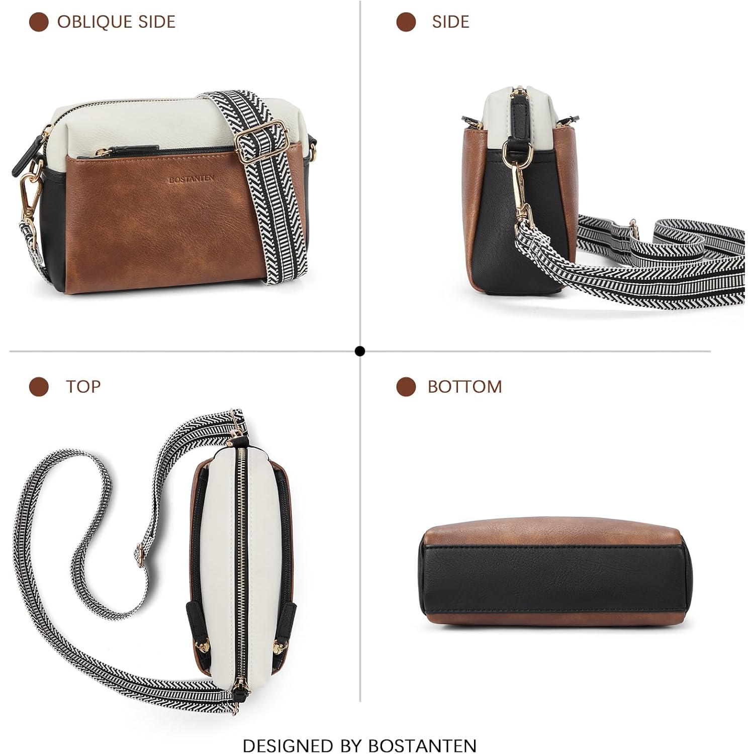 Bostanten Crossbody Purse For Women Triple Zip Cell Phone Leather Handbag With Colored Shoulder Strap