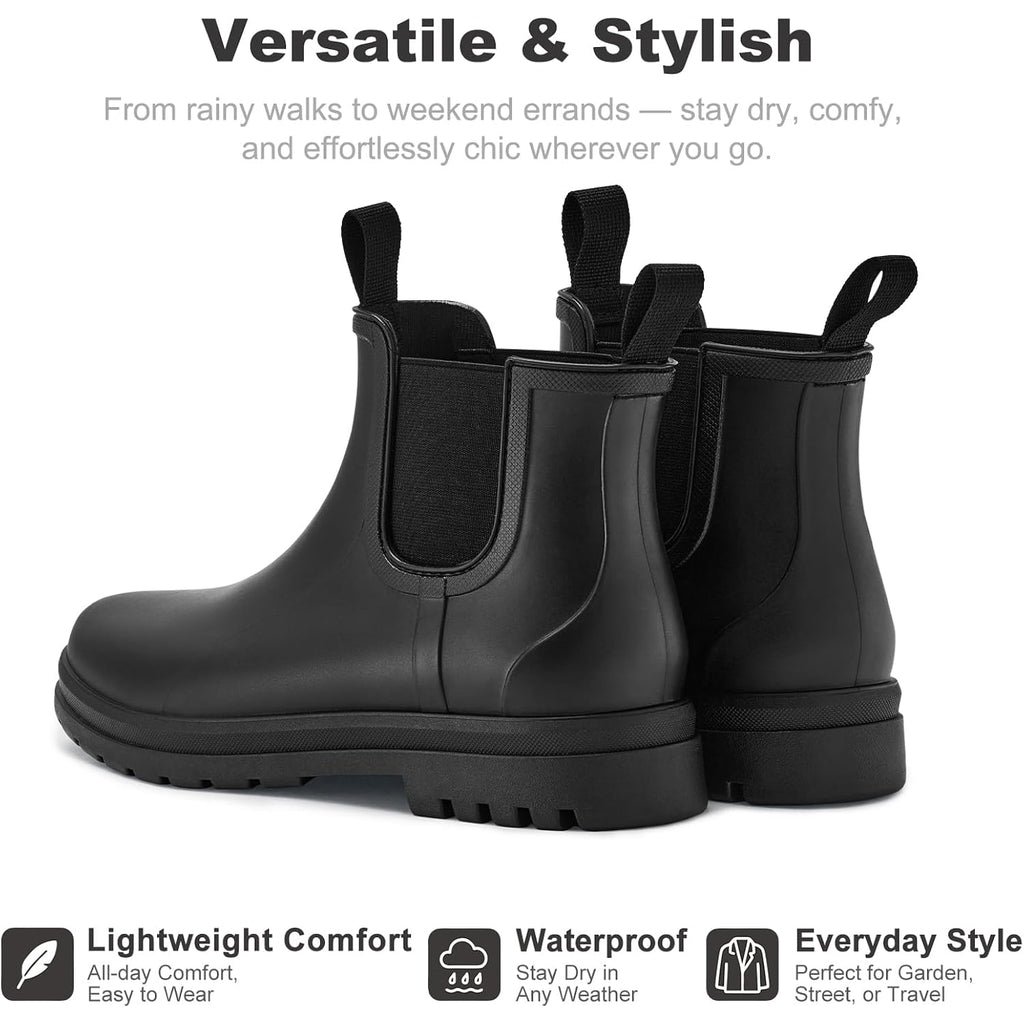 Planone Short Rain Boots for Women Chelsea Fashion Waterproof Ankle Non-Slip Matte Surface Rubber Boots Lightweight Outdoor Garden Shoes Work Booties for Ladies with Arch Support and Removable Comfort Insole