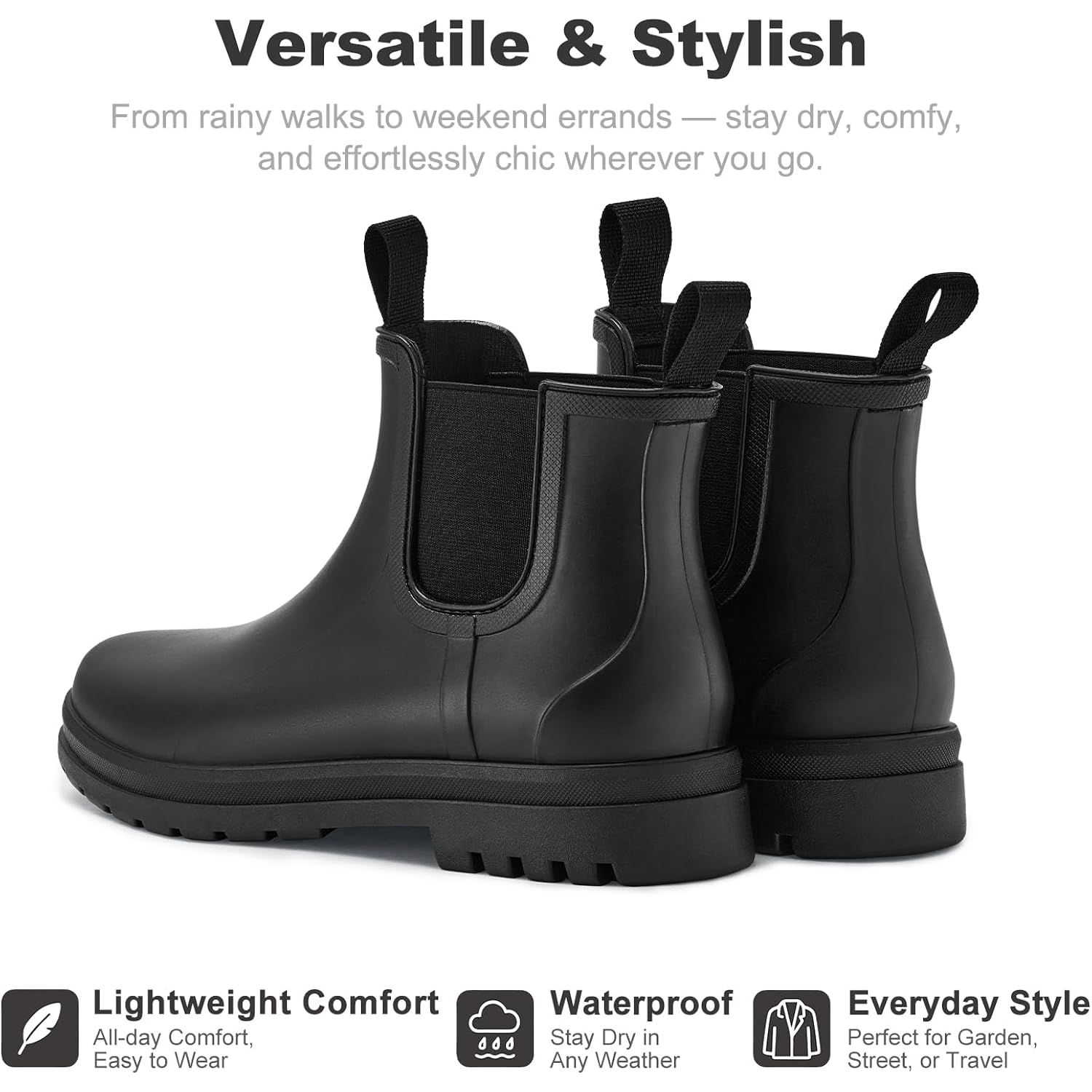 Planone Short Rain Boots for Women Chelsea Fashion Waterproof Ankle Non-Slip Matte Surface Rubber Boots Lightweight Outdoor Garden Shoes Work Booties for Ladies with Arch Support and Removable Comfort Insole