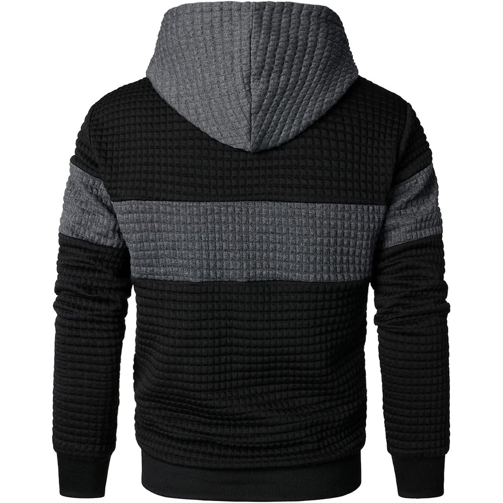 Qichic Men’S Sweatshirts Long Sleeve Pullover Patchwork Plaid Jacquard Hoodie Casual Drawstring Hoody Top