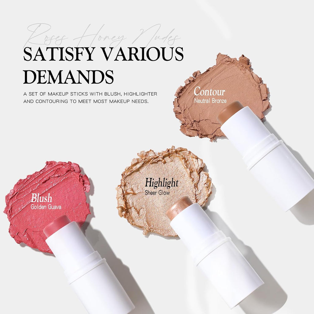 Bayfree 3 Pcs Makeup Cream Contour Stick Set, Highlighter Stick & Bronzer Stick & Blush Stick, Long Lasting, Natural Face Contour, Dewy & Matte Finish, Multi Stick Trio For All Skin