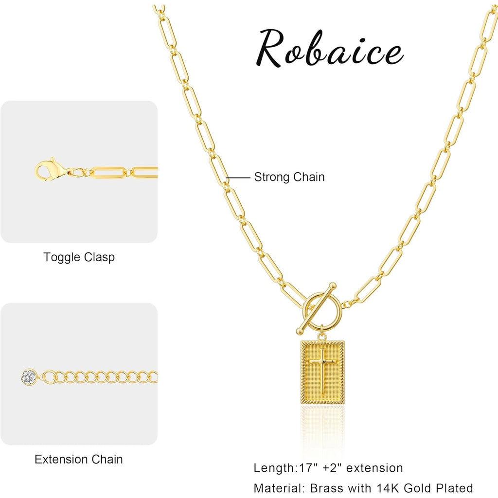 Robaice Valentines Day Gifts 14K Gold Plated and Silver Plated Cross Necklace for Women, Non-Tarnish Faith Jewelry with Toggle Clasp, Fashion Necklace Gifts for Women, Christian Faith, Communion, Birthday & Christmas