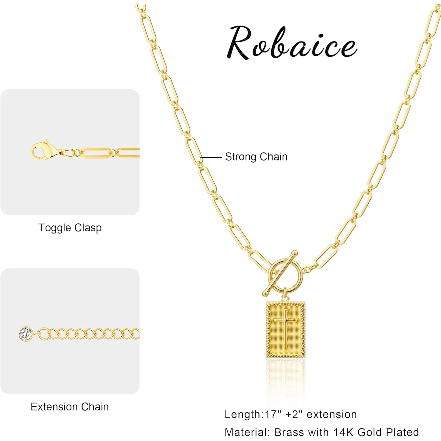 Robaice Valentines Day Gifts 14K Gold Plated and Silver Plated Cross Necklace for Women, Non-Tarnish Faith Jewelry with Toggle Clasp, Fashion Necklace Gifts for Women, Christian Faith, Communion, Birthday & Christmas