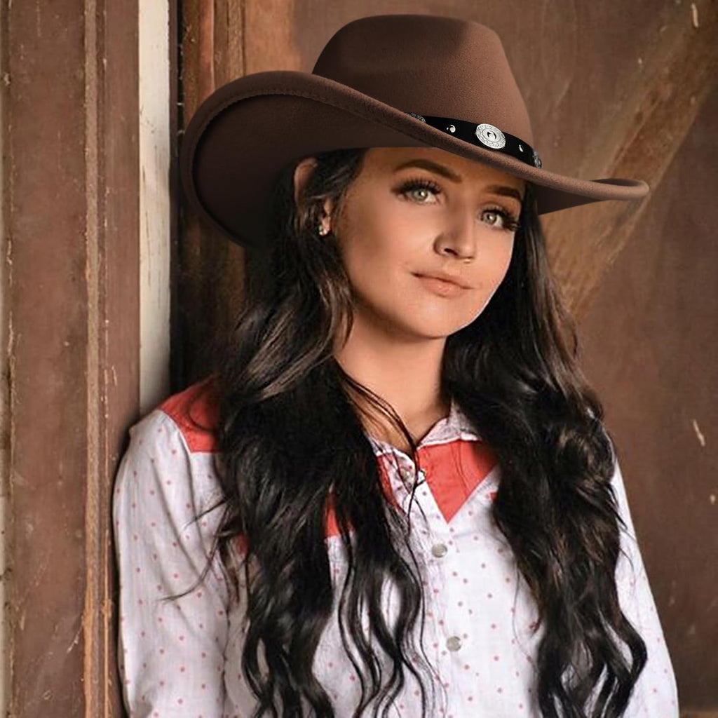 DRESHOW Women Men Classic Felt Wide Brim Western Cowboy & Cowgirl Cap Belt Buckle Retro Panama Hat Unisex Rolled up Caps 1 Pack: Coffee (Hat Circumference: 22-22.8")