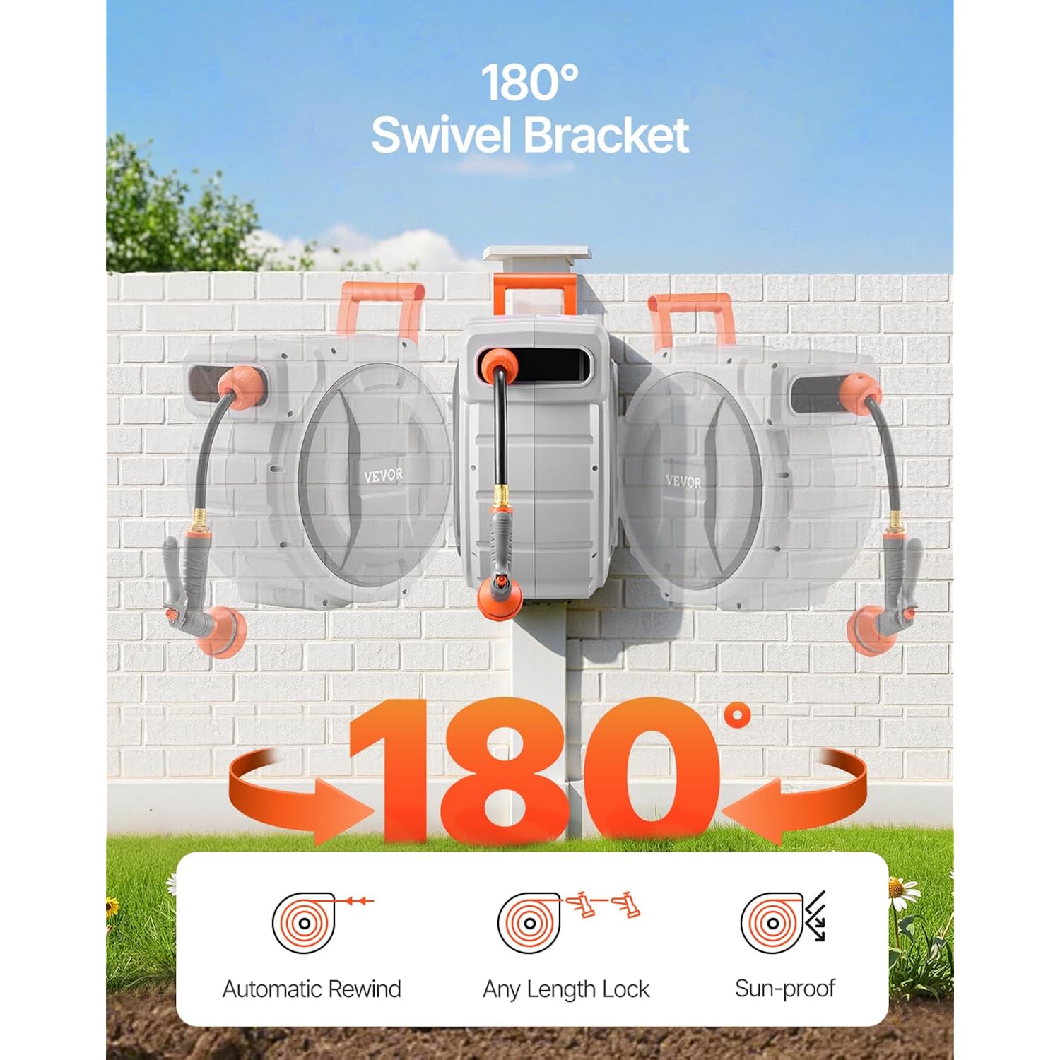 Vevor Retractable Garden Hose Reel, 5/8 Inch X 100 Ft Wall Mounted Hose Reel, Heavy Duty Garden Hose Reel With 9 Patterns Nozzle, Any Length Lock, Upgraded Slow Return System And 180°Swivel Bracket
