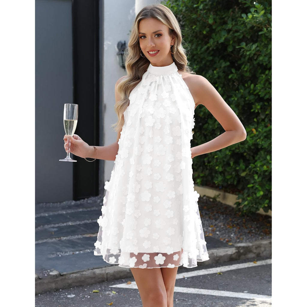Gleeneat Womens Summer Halter Tulle Floral Bridal Shower Cocktail Wedding Guest Short Dresses A Line Sleeveless Mini Dress