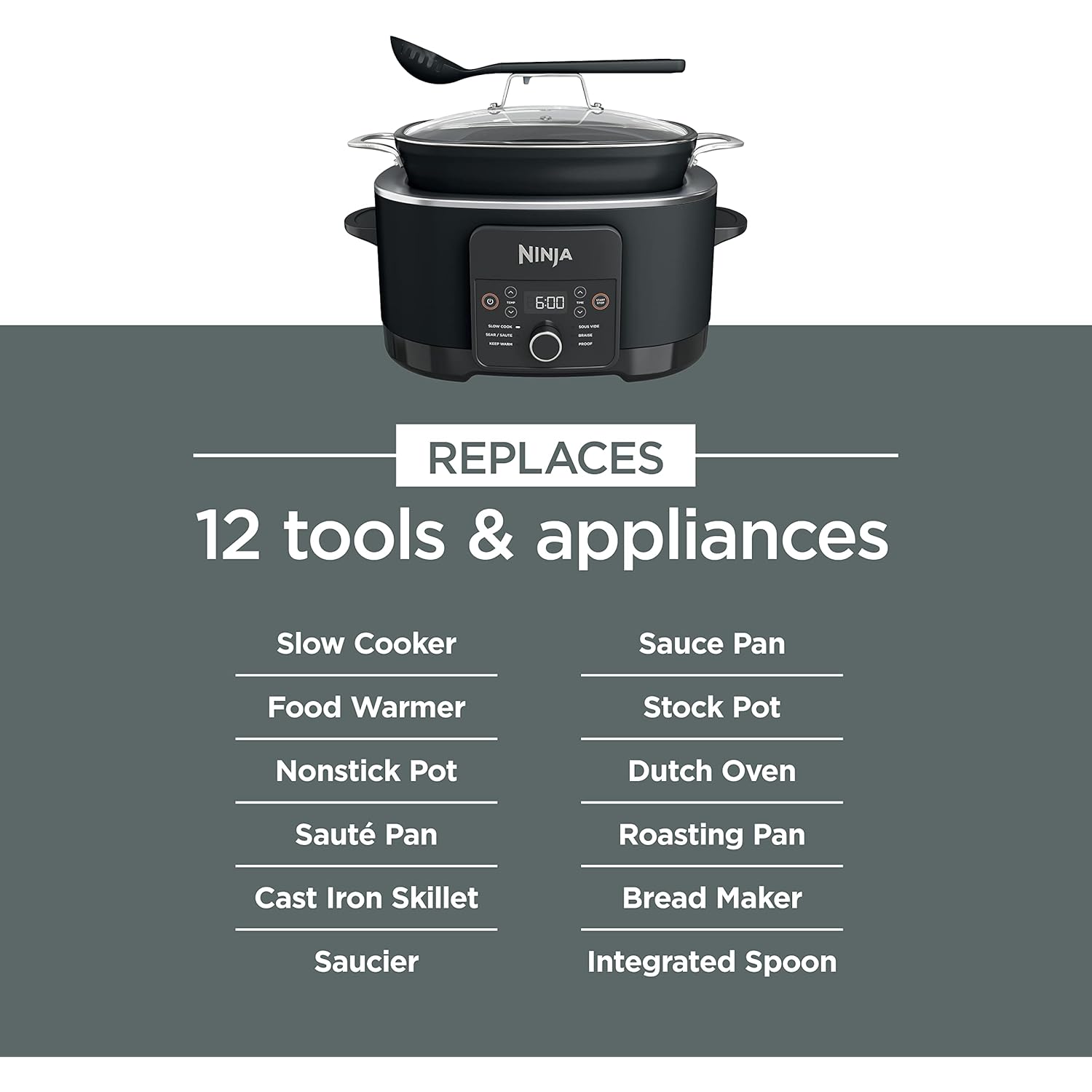 Ninja® 12-in-1 PossibleCooker™ PLUS | 8.5-qt - Sous Vide & Proof Multi-Cooker | Slow Cooker, Dutch Oven & More | Glass Lid & Integrated Spoon | Nonstick | Oven Safe Pot to 500°F | Black | MC1010